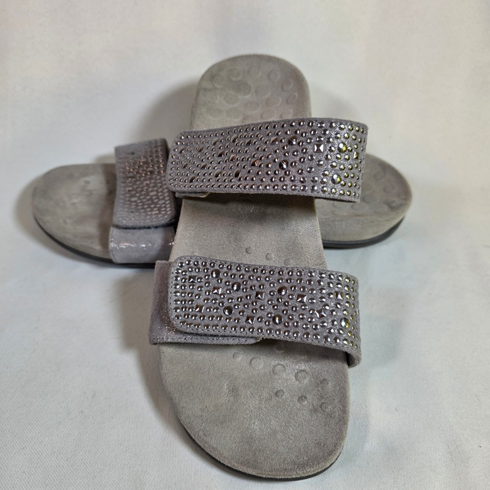 VIONIC Samoa Studded Slide Sandals Grey Suede Adjustable Straps Orthotic Women 8